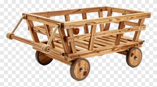 Rustic wooden cart featuring rope handles and round wheels.