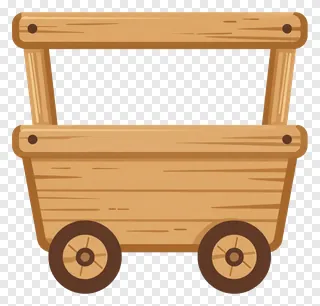Cart made of light brown wood with round wheels.