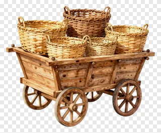 A wooden cart filled with woven baskets on a white background.