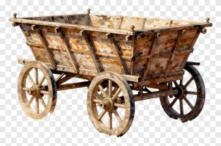An old-fashioned wooden cart with dusty appearance and big wheels.