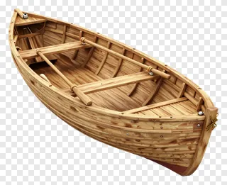 A wooden rowboat with oars on a white background.