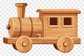 A wooden toy train with a smokestack.