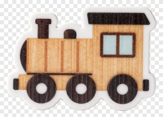 A wooden train engine charm with wheels and windows.