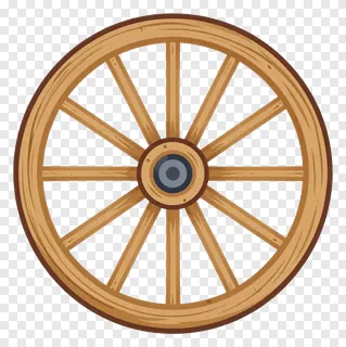 A wooden wagon wheel with spokes and a central hub.