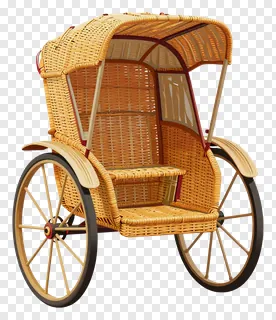 A woven rattan rickshaw with a canopy and two wheels.