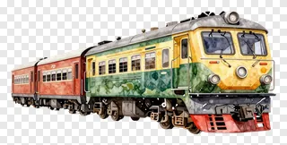 A colorful train painted in yellow, green, and red with a watercolor effect.