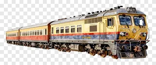 Vintage yellow and red passenger train on white background.