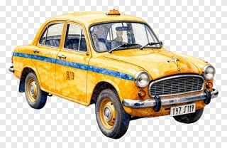 Watercolor illustration of a classic yellow Kolkata taxi with blue stripe.