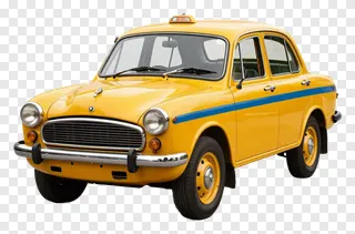 Classic yellow taxi with blue stripe on the side.