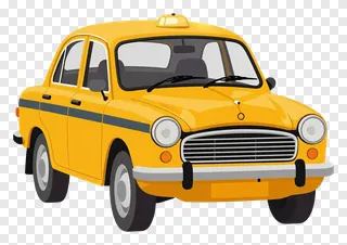 Yellow taxi with roof light and side stripe.