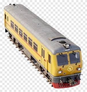 Yellow passenger train with gray roof on white background.