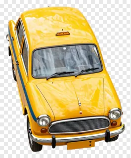 Front view of a yellow taxi with a blue stripe.