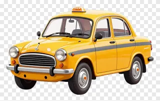 Yellow taxi with black stripe on side.