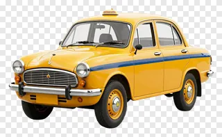 Classic yellow taxi with blue stripe on white background.