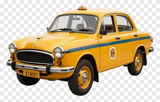 Classic yellow taxi with blue stripe and rooftop sign.