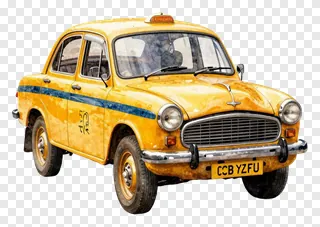 Watercolor illustration of a classic yellow Kolkata taxi.