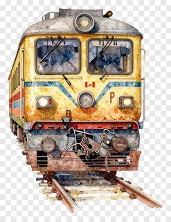 Front view of a vintage yellow train with blue accents.