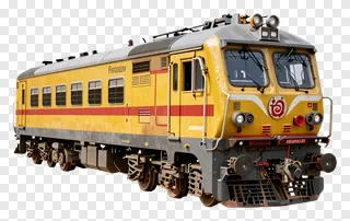Yellow train with red stripe on white background.