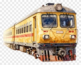 A yellow train with watercolor texture and weathered appearance.