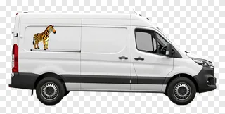 White van with cartoon zebra sticker on the door.